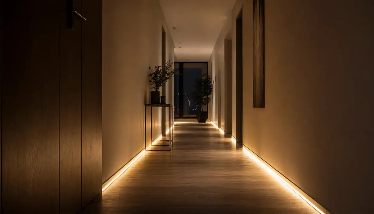 Ночная подсветка длинного коридора с LED-лентой вдоль плинтуса