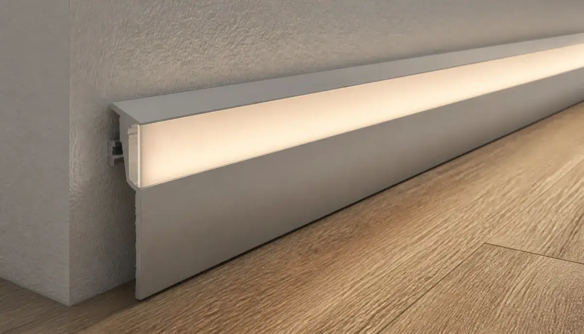 Алюминиевый профиль с матовым рассеивателем и LED-лентой в плинтусе