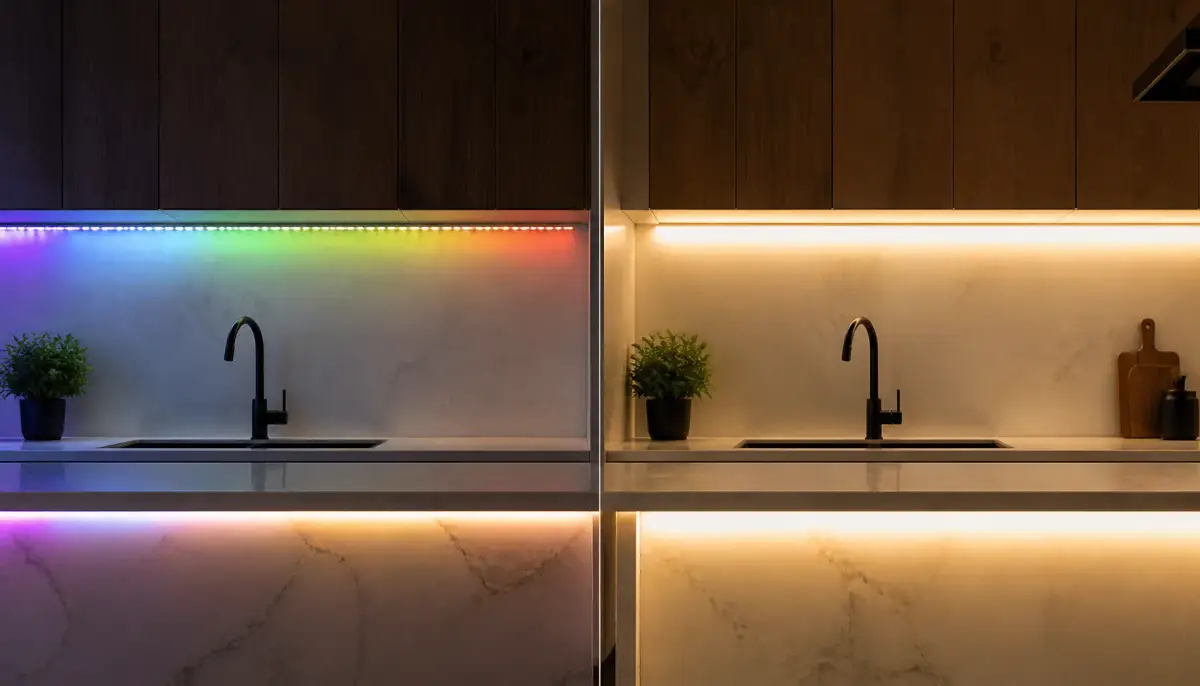 Сравнение свечения RGB и COB лент на столешнице