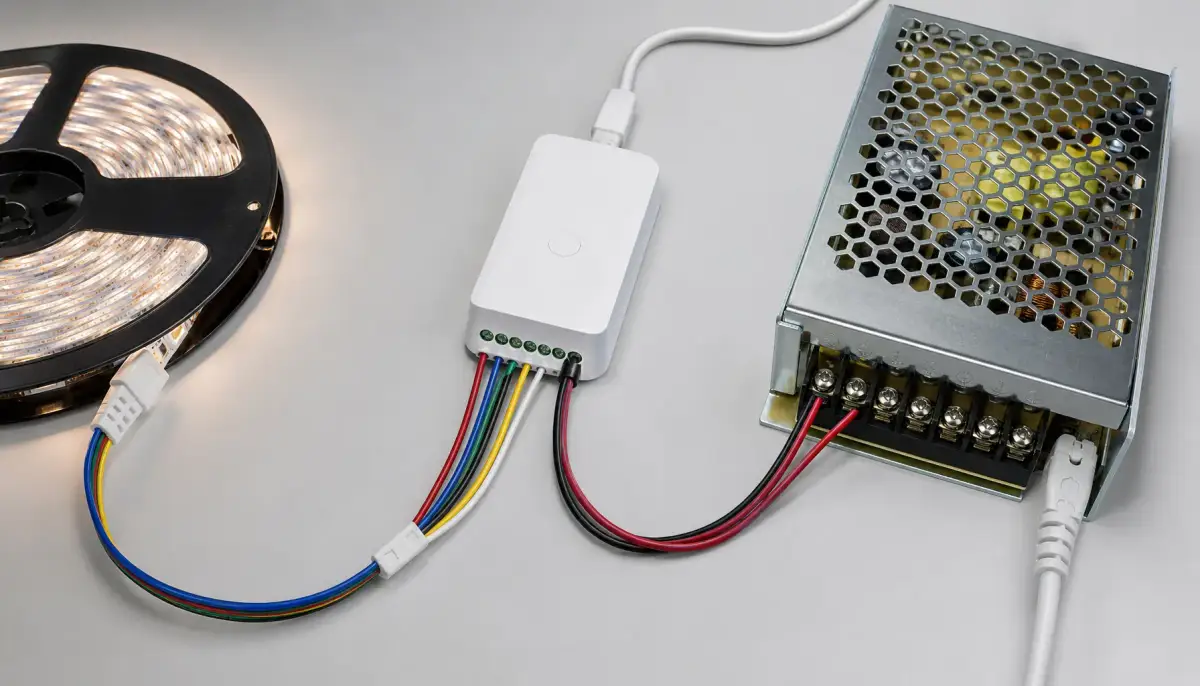 Схема подключения RGB+CCT ленты к контроллеру и блоку питания
