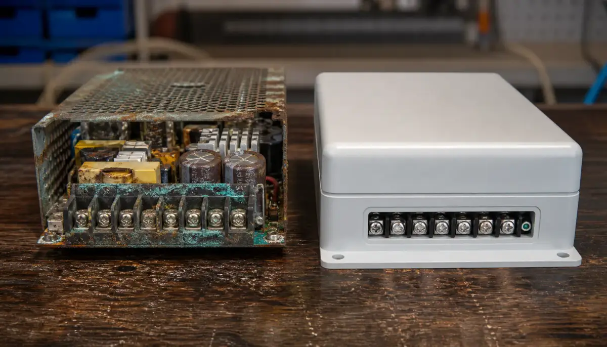 Обычный и герметичный блок питания после эксплуатации во влажной среде