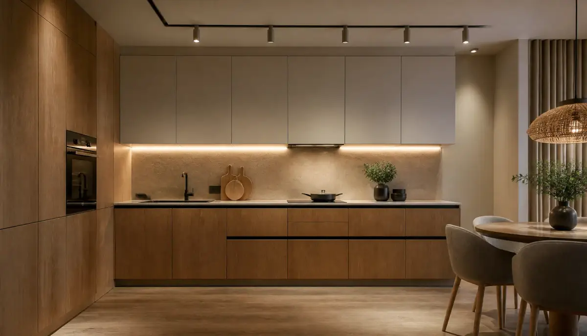 Комбинация треков и LED-подсветки на кухне